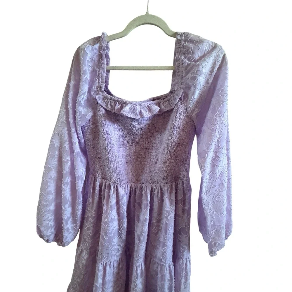 She +Sky Lavender Mini Dress Sz Small Smocked Waist Puff Sleeves *rip on ruffle